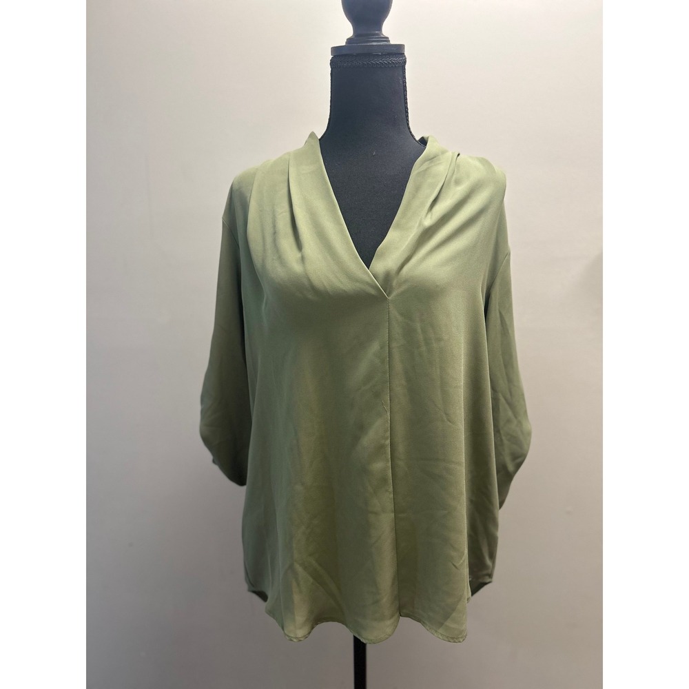 Olive Green Blouse Womens V Neck Roll Tab 3/4 Sleeve Casual Top
